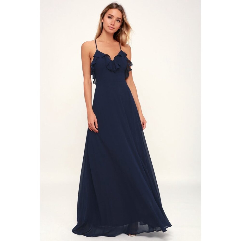 Lulus Metropolitan Navy Blue Ruffled Maxi Dress Large V Neck Sleeveless